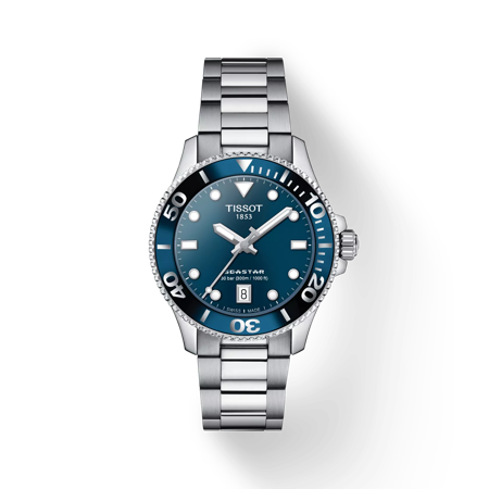 Front view of the watch Tissot Seastar 1000 36mm with shadow