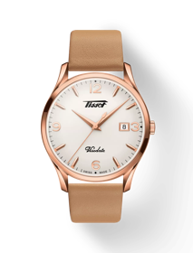 มุมมองด้านหน้าของนาฬิกา Tissot Heritage Visodate พร้อมเงา