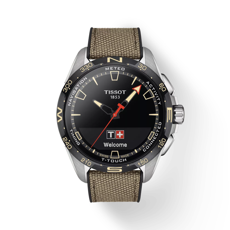 Vorderansicht der Uhr Tissot T-Touch Connect Solar mit Schatten
