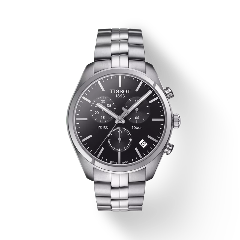 Front view of the watch Tissot PR 100 Chronograph with shadow