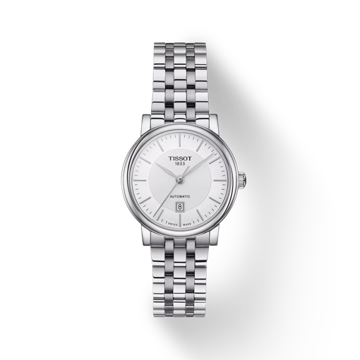 Front view of the watch Tissot Carson Premium Automatic Lady with shadow