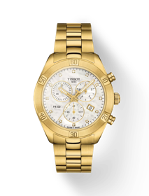 มุมมองด้านหน้าของนาฬิกา Tissot PR 100 Sport Chic Chronograph พร้อมเงา