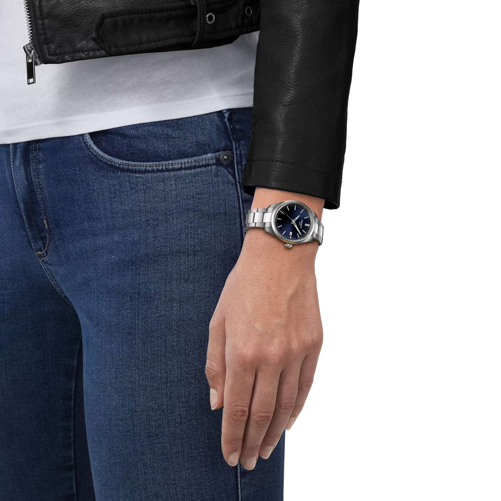 Simulation of the watch Tissot PR 100 34mm on a wrist