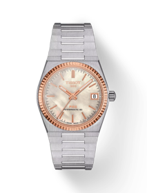 Front view of the watch Tissot PRX Powermatic 80 Steel & 18K Gold Bezel 35mm with shadow