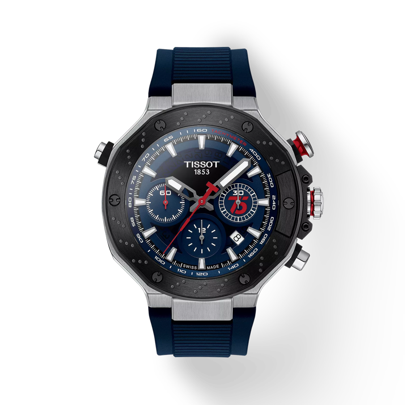 Front view of the watch Tissot T-Race MotoGP™ Automatic Chronograph 2024 Limited Edition with shadow