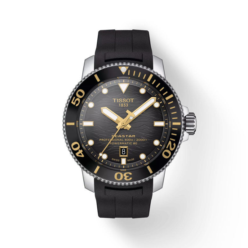มุมมองด้านหน้าของนาฬิกา Tissot Seastar 2000 Professional Powermatic 80 พร้อมเงา