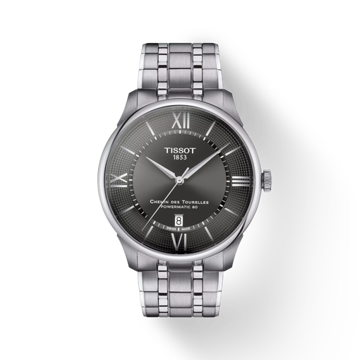 Front view of the watch Tissot Chemin Des Tourelles Powermatic 80 42 mm with shadow