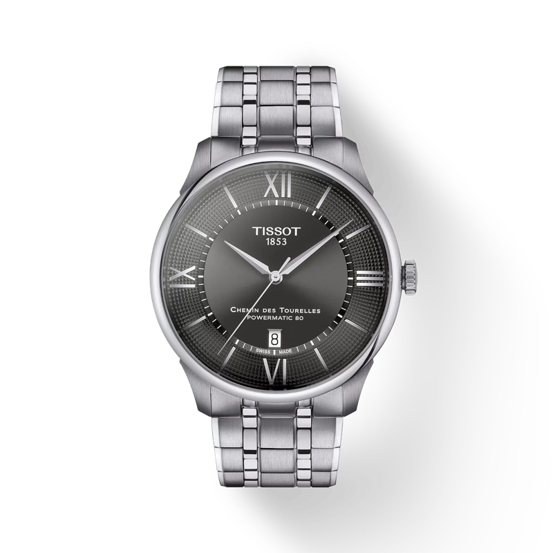 Front view of the watch Tissot Chemin Des Tourelles Powermatic 80 42 mm with shadow