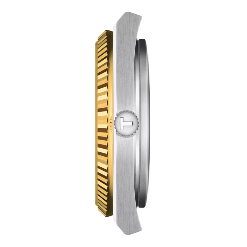 Profile view of the watch case Tissot PRX Powermatic 80 Edelstahl & 18K Goldlünette 40mm
