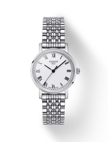 Vue de face de la montre Tissot Everytime 30mm Jungfraubahn Edition avec ombre