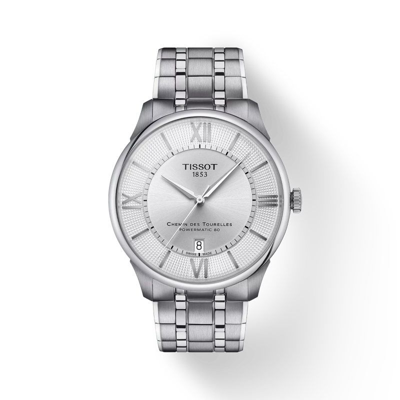 Front view of the watch Tissot Chemin Des Tourelles Powermatic 80 42 mm with shadow