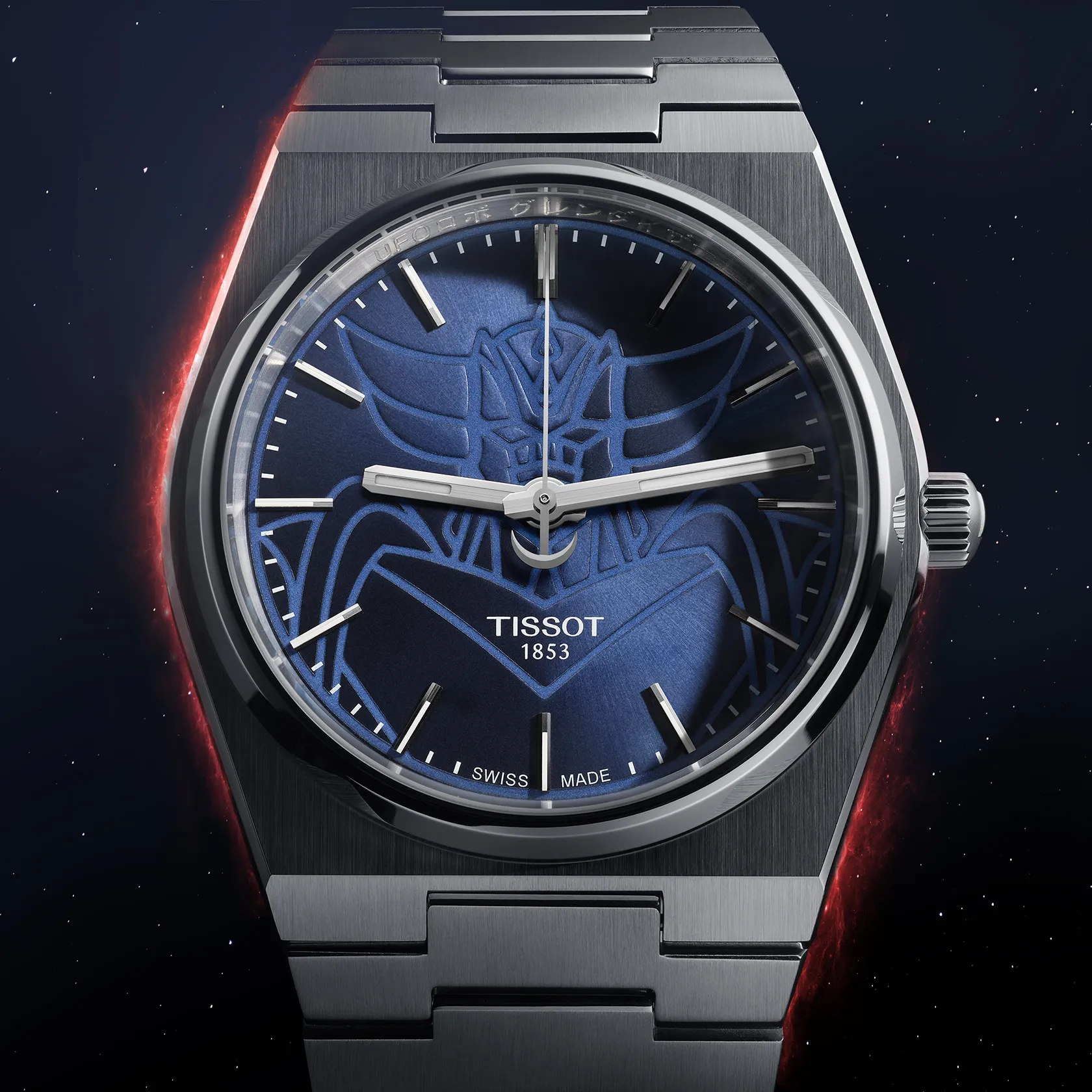 Tissot PRX UFO Robot Grendizer 40mm watch on a colored background