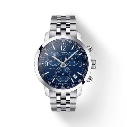 Front view of the watch Tissot PRC 200 Chronograph with shadow