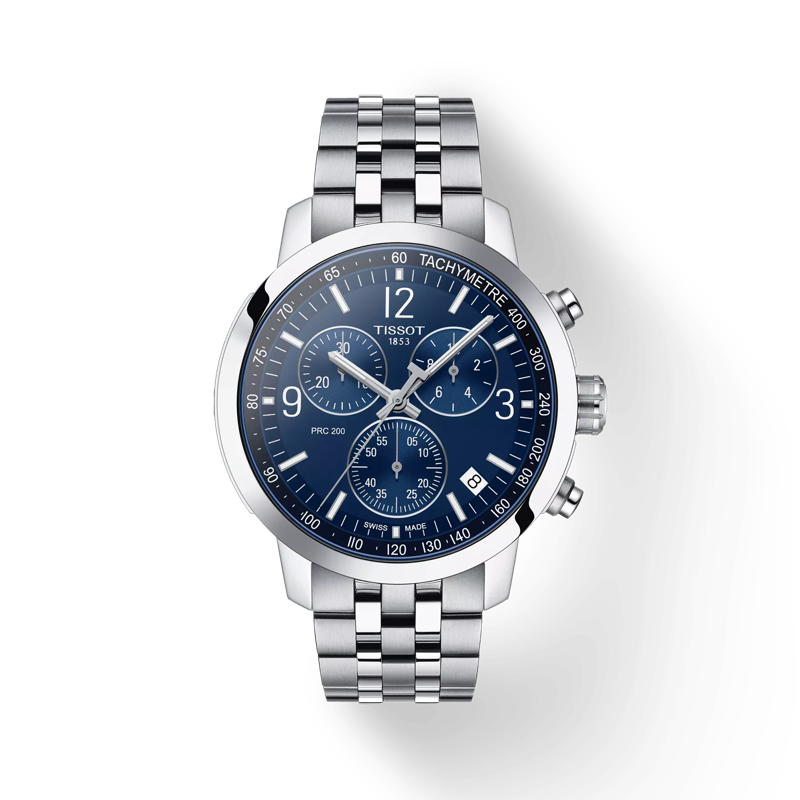 Vue de face de la montre Tissot PRC 200 Chronograph avec ombre