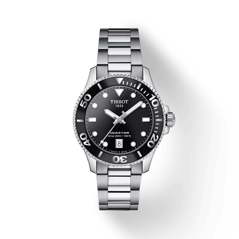 Front view of the watch Tissot Seastar 1000 36mm with shadow