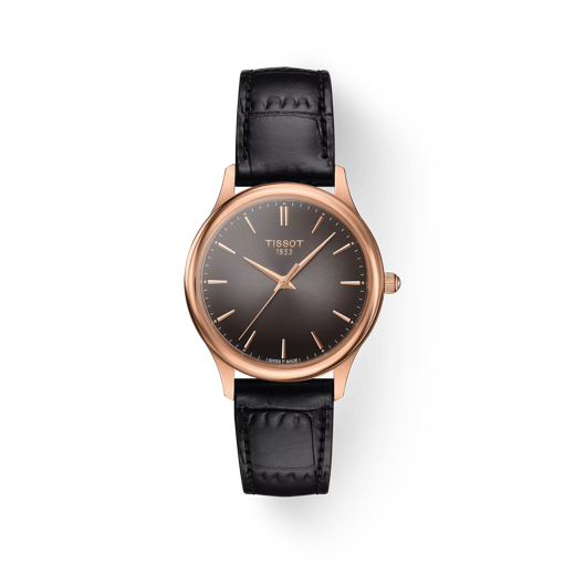 Vista frontal del reloj Tissot Excellence Lady 18K Gold con sombra