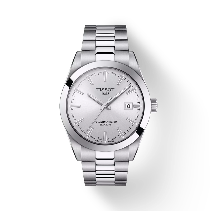 Front view of the watch Tissot Gentleman Powermatic 80 Silicium with shadow