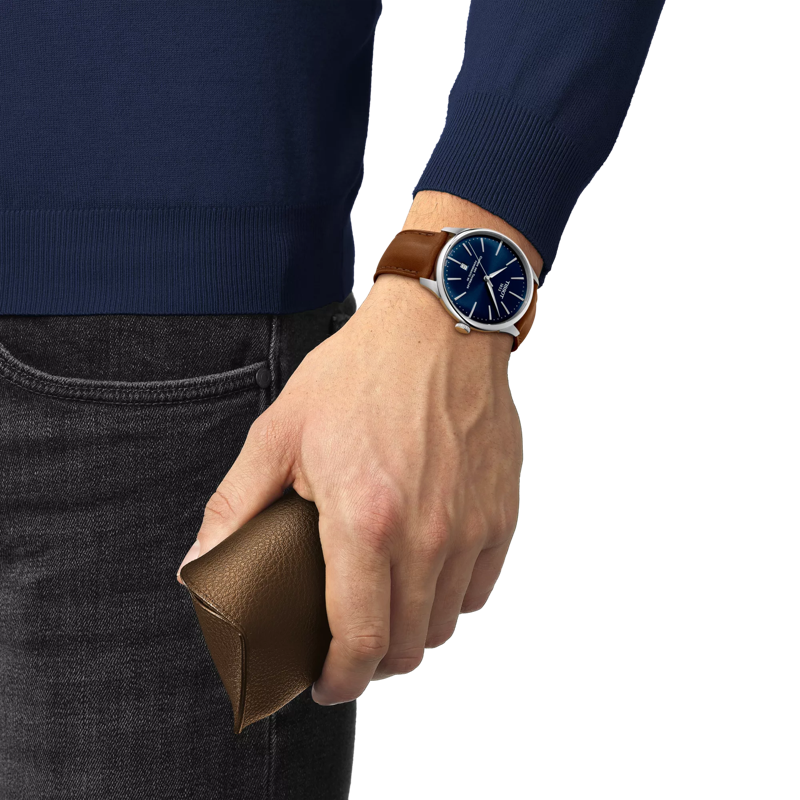 Simulation of the watch Tissot Chemin des Tourelles Powermatic 80 42 mm on a wrist