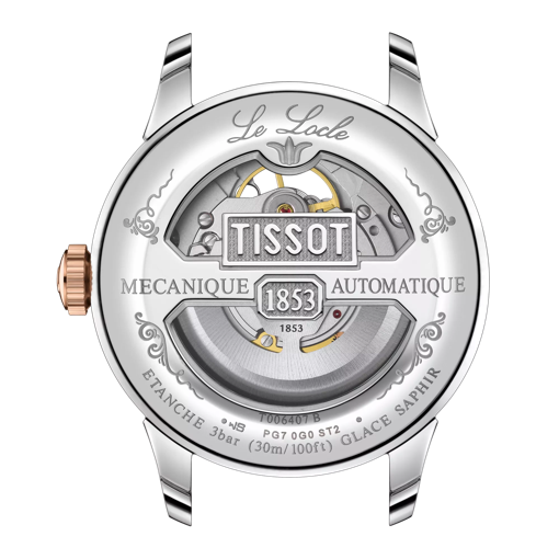Vista posterior de la caja del reloj Tissot Le Locle Powermatic 80 Open Heart