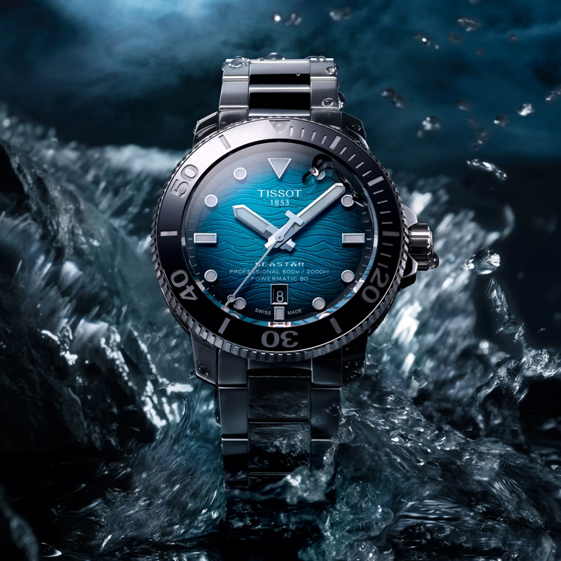 Tissot Seastar 2000 Professional Powermatic 80 watch on a colored background
