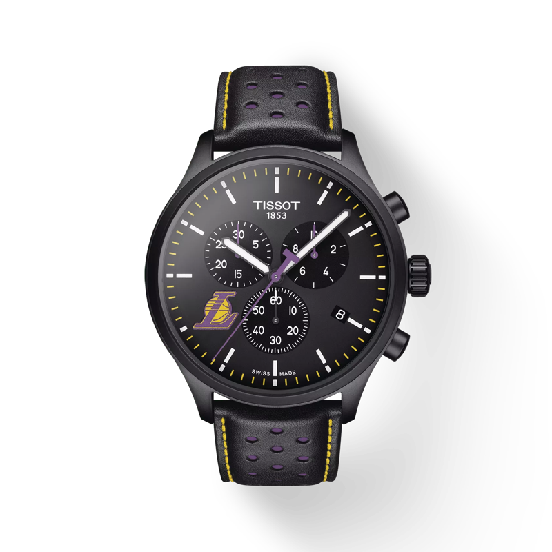 Front view of the watch Tissot Chrono XL NBA Teams Special Los Angeles Lakers Edition with shadow