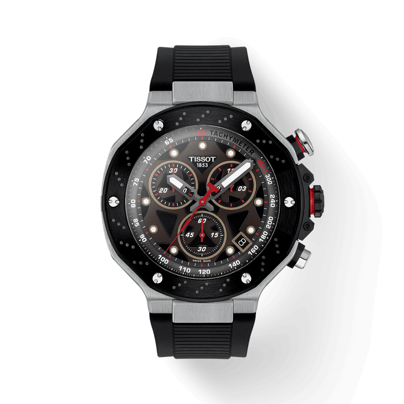 Front view of the watch Tissot T-Race MotoGP Quartz Chronograph (2025) with shadow