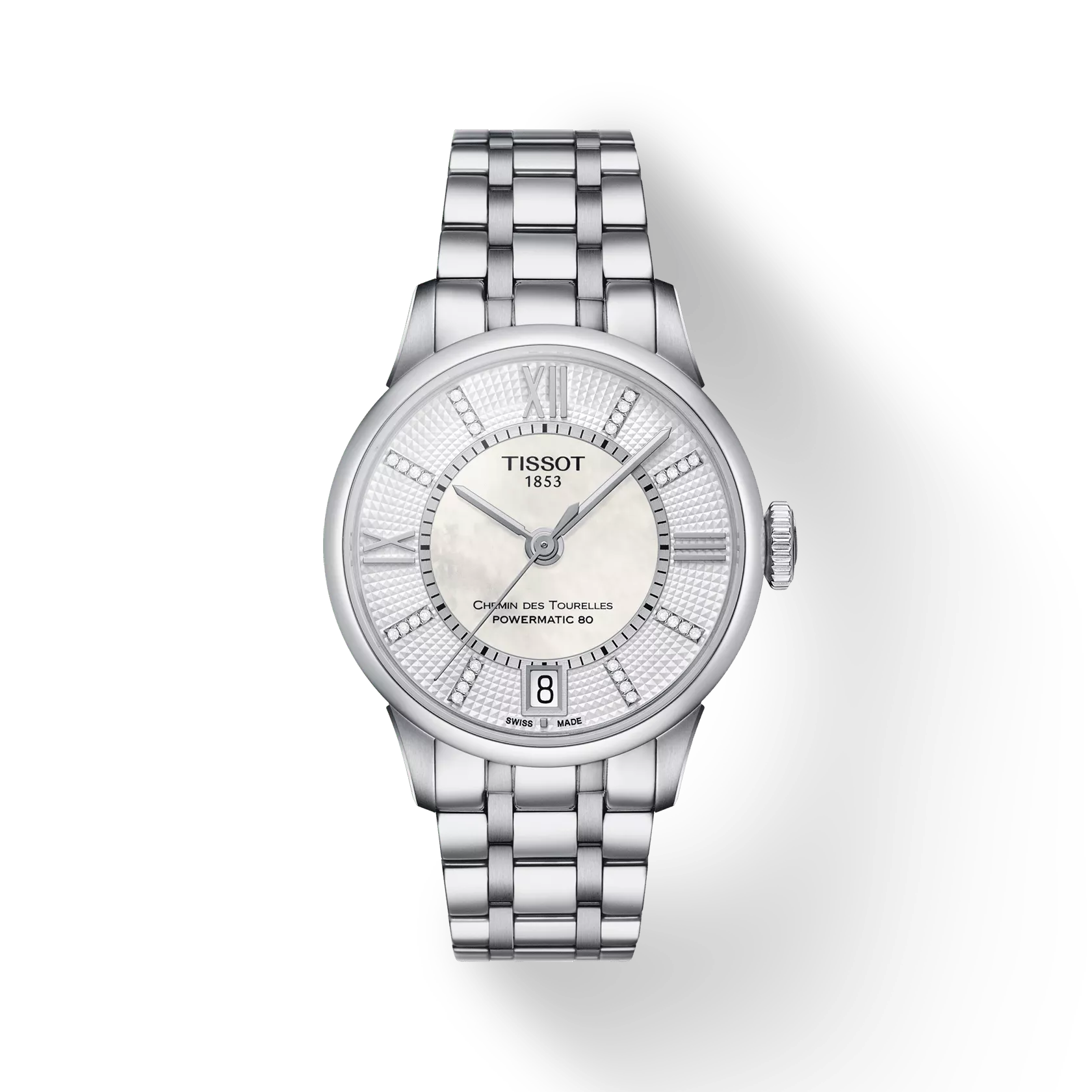 Vue de face de la montre Tissot Chemin des Tourelles Powermatic 80 Lady avec ombre