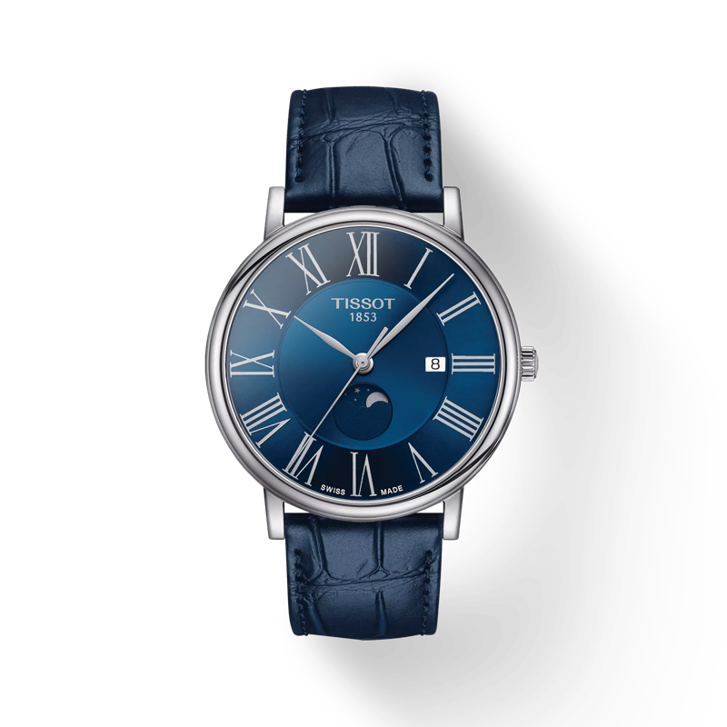 Front view of the watch Tissot Carson Premium Gent Moonphase with shadow
