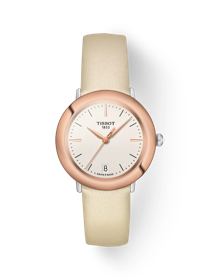Front view of the watch Tissot Glendora 18K Gold with shadow