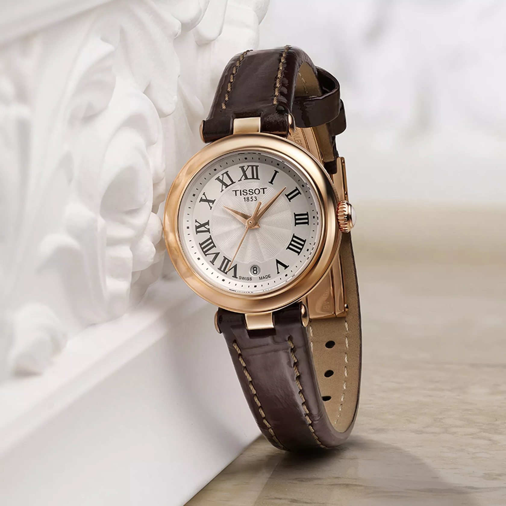 Tissot Bellissima Small 26mm watch on a colored background