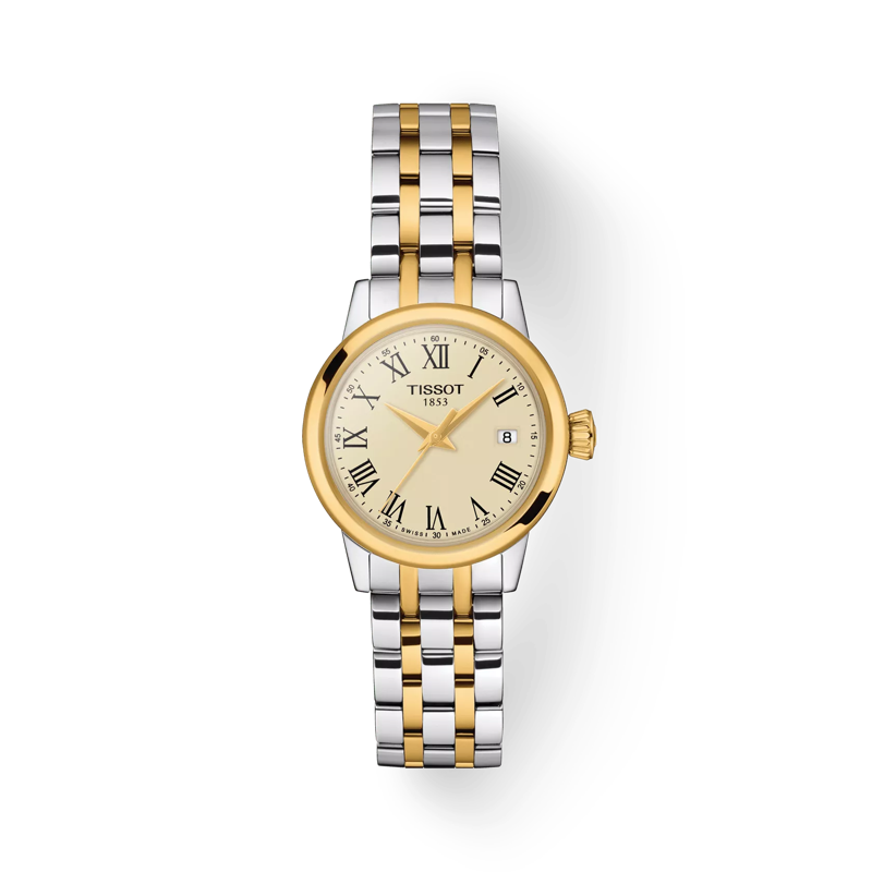 Front view of the watch Tissot Classic Dream Lady with shadow