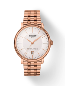 Vue de face de la montre Tissot Carson Premium Powermatic 80 avec ombre