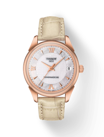 Front view of the watch Tissot Vintage Powermatic 80 Lady 18K Gold with shadow