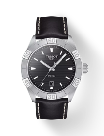 มุมมองด้านหน้าของนาฬิกา Tissot PR 100 Sport Gent พร้อมเงา