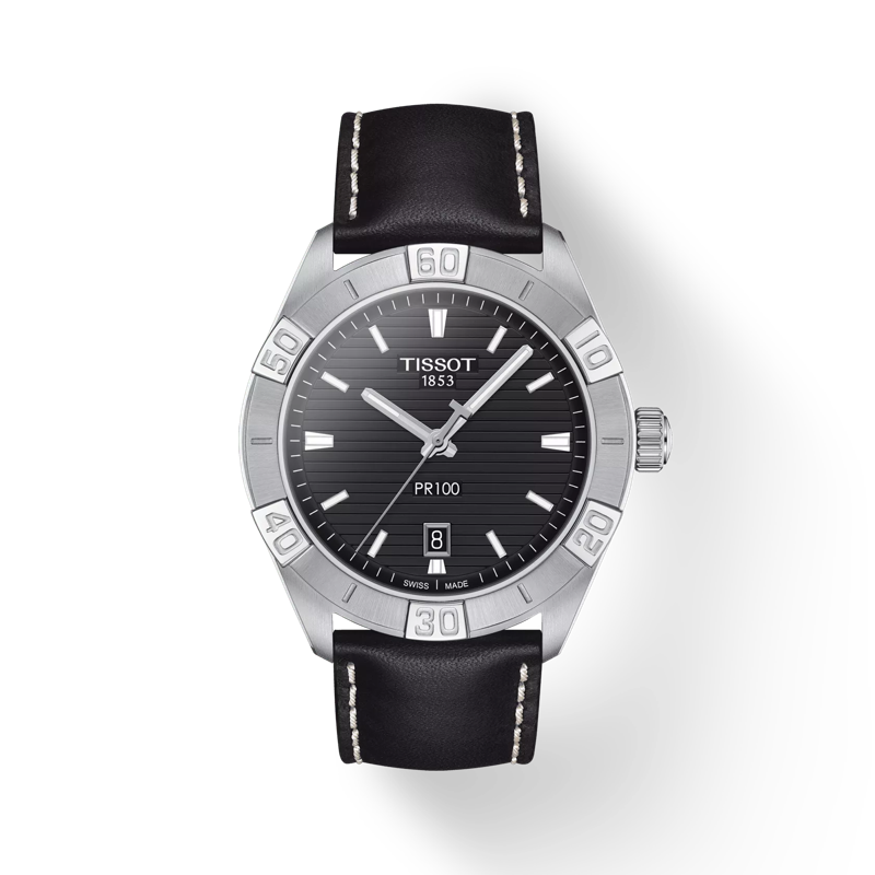 มุมมองด้านหน้าของนาฬิกา Tissot PR 100 Sport Gent พร้อมเงา