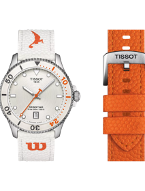 Front view of the watch Tissot 海星 WNBA Wilson 三方聯名款腕錶 with additional bracelet