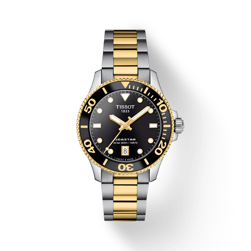 Vista frontal del reloj Tissot Seastar 1000 36mm con sombra