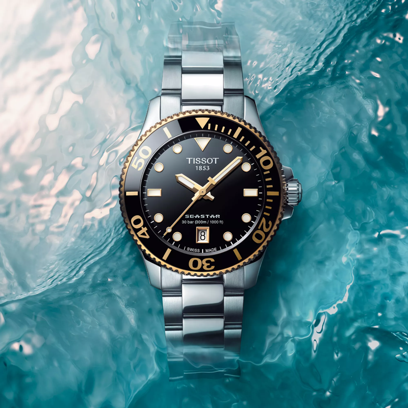 Tissot Seastar 1000 36mm watch on a colored background