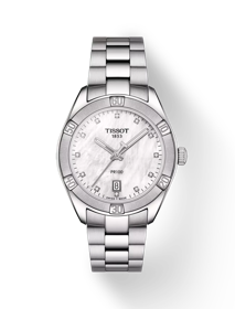 Front view of the watch Tissot PR 100 Sport Chic with shadow