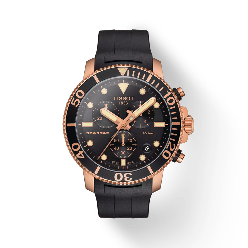 Front view of the watch Tissot Seastar 1000 Chronograph with shadow