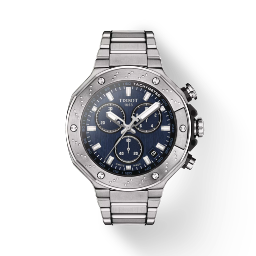 Vista frontal del reloj Tissot T-Race Chronograph con sombra