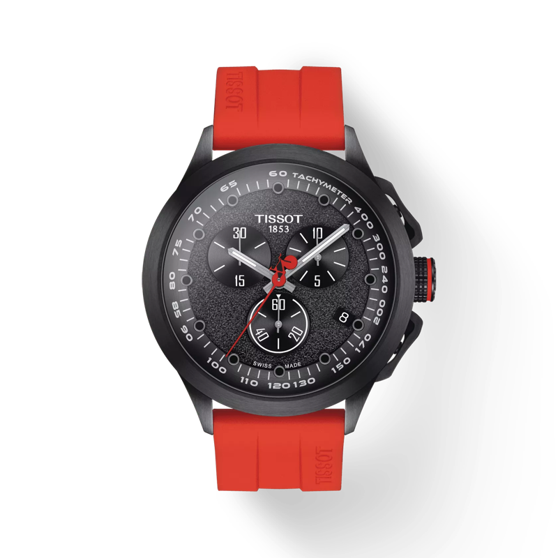 Vue de face de la montre Tissot T-Race Cycling Vuelta 2023 avec ombre