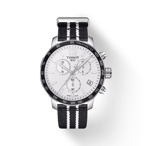 Front view of the watch Tissot Quickster Chronograph NBA San Antonio Spurs with shadow