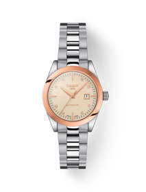 Front view of the watch Tissot T-My Lady Automatic 18K Gold bezel with shadow
