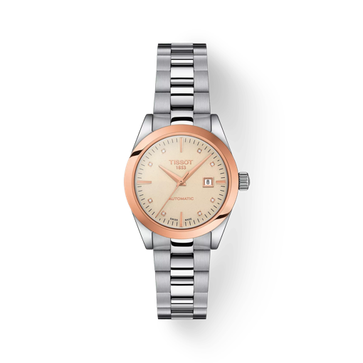 Front view of the watch Tissot T-My Lady Automatic 18K Gold bezel with shadow