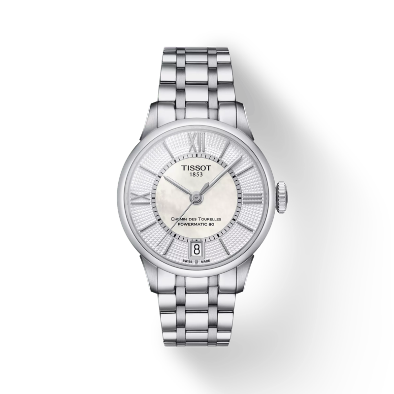 Front view of the watch Tissot Chemin des Tourelles Powermatic 80 Lady with shadow