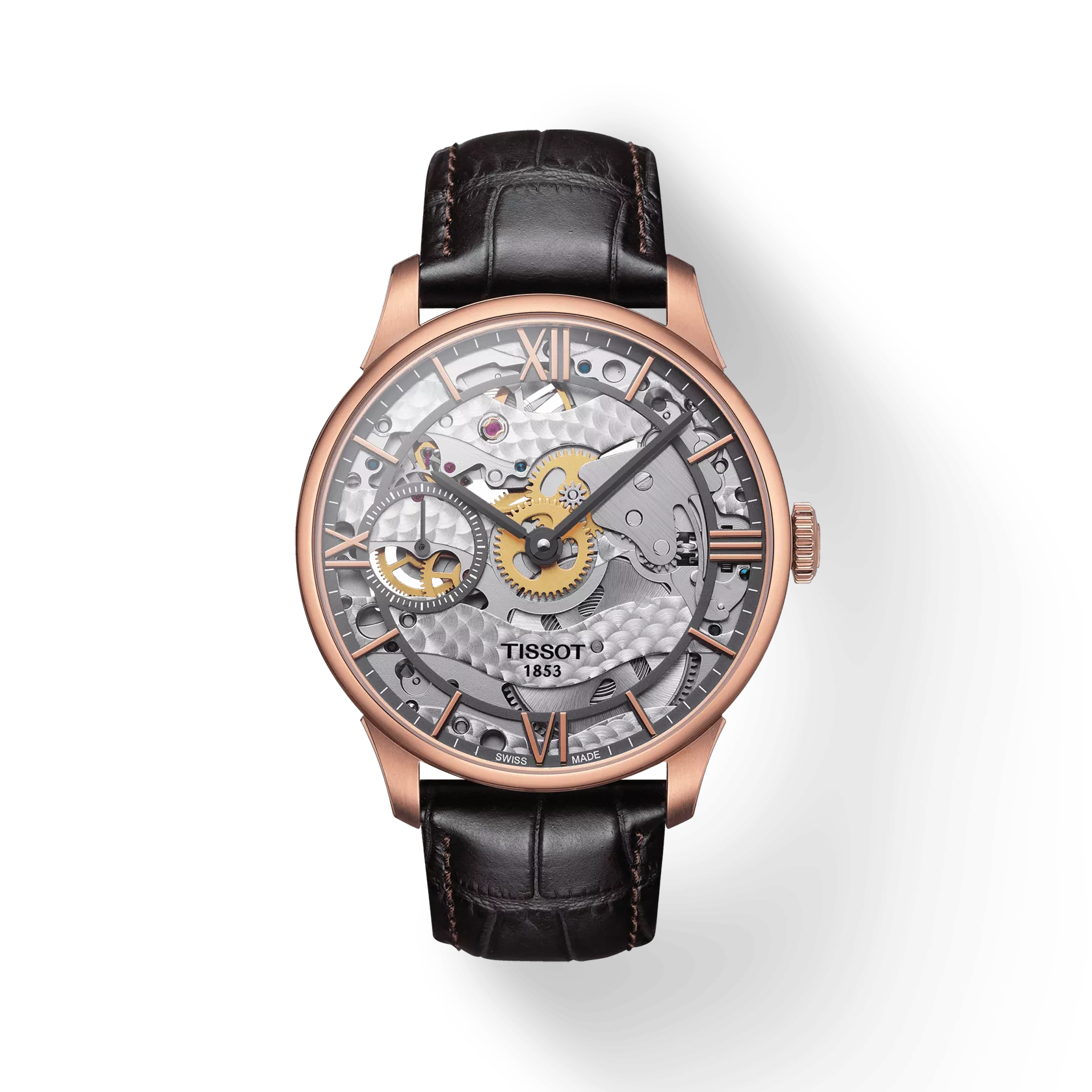 Front view of the watch Tissot Chemin des Tourelles Squelette Mechanical with shadow