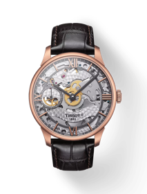 Front view of the watch Tissot Chemin des Tourelles Squelette Mechanical with shadow