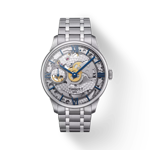 Front view of the watch Tissot Chemin des Tourelles Squelette Mechanical with shadow