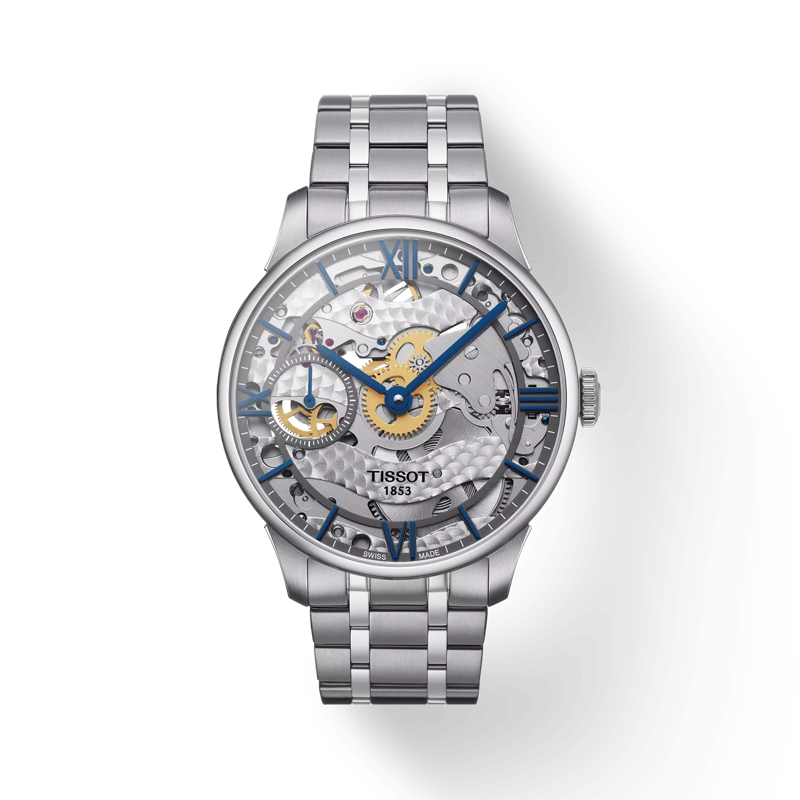 Front view of the watch Tissot Chemin des Tourelles Squelette Mechanical with shadow